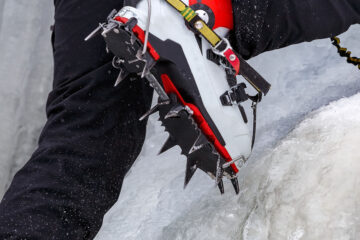 Close up shot of ice crampons.