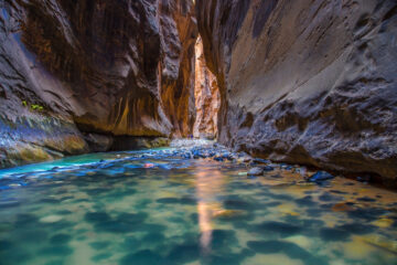 The hiking trail through The Narrows in Zion National Park